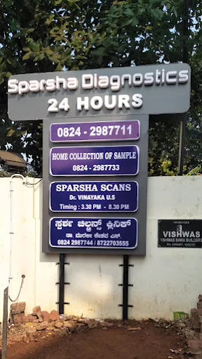Roadside signboard reading Sparsha Diagnostics, 24 hours, with the laboratory and home sample collection phone numbers